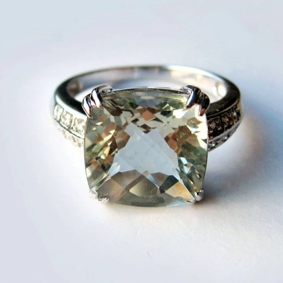 Natural Green Quartz Prasiolite In 14K White Gold Diamond Accents Cocktail Ring - Picture 3 of 10